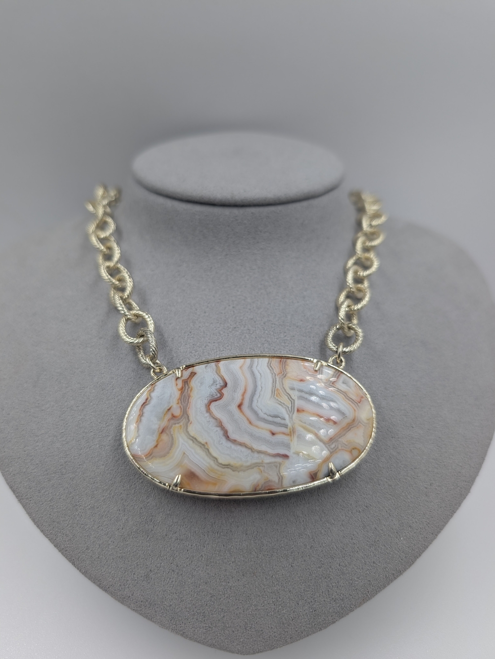 Gold-Tone Chain Necklace with White and Peach Banded Agate Pendant